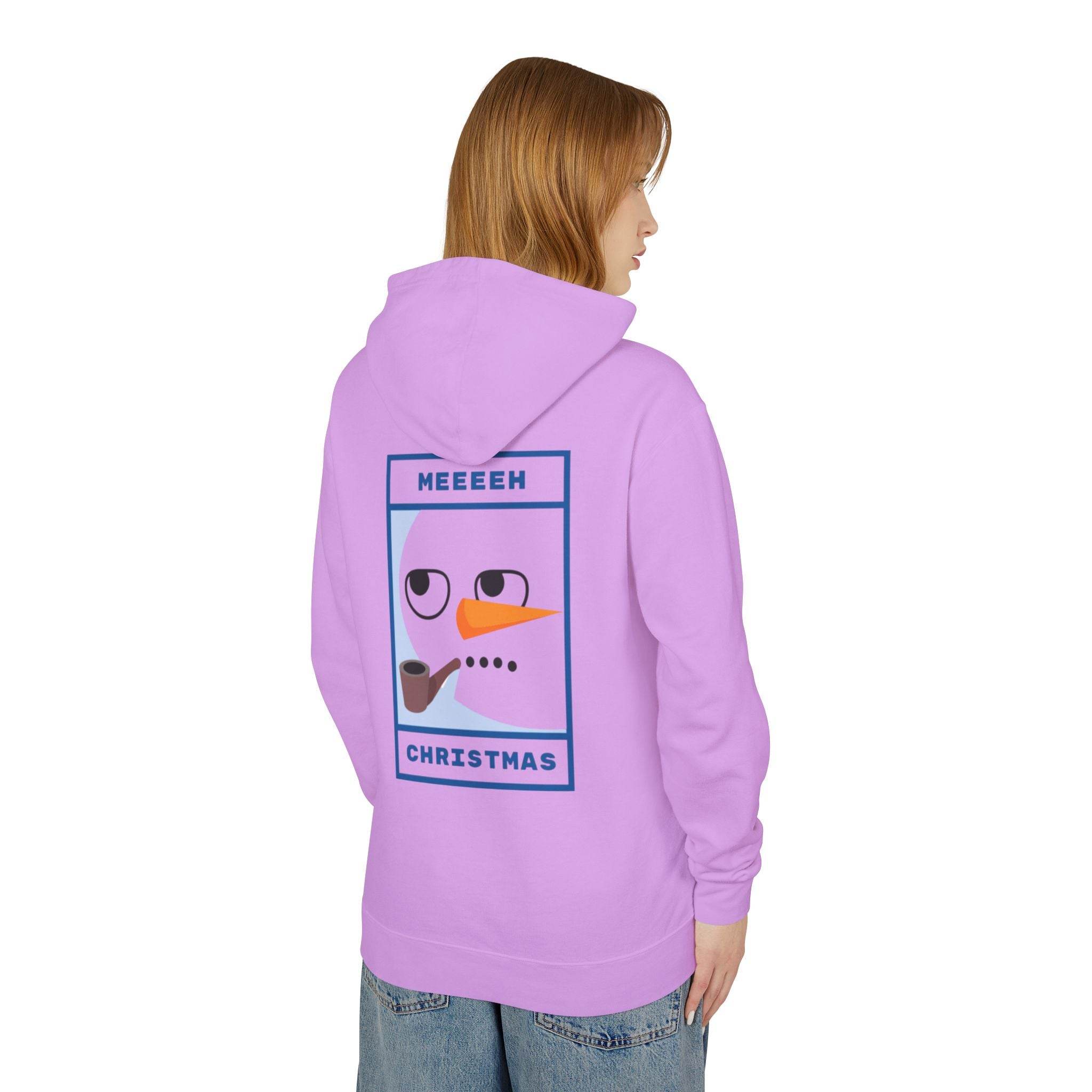 Printify lavender hoodie with cartoon snowman back print and pipe eco-friendly ugly Christmas hoodie for holiday parties