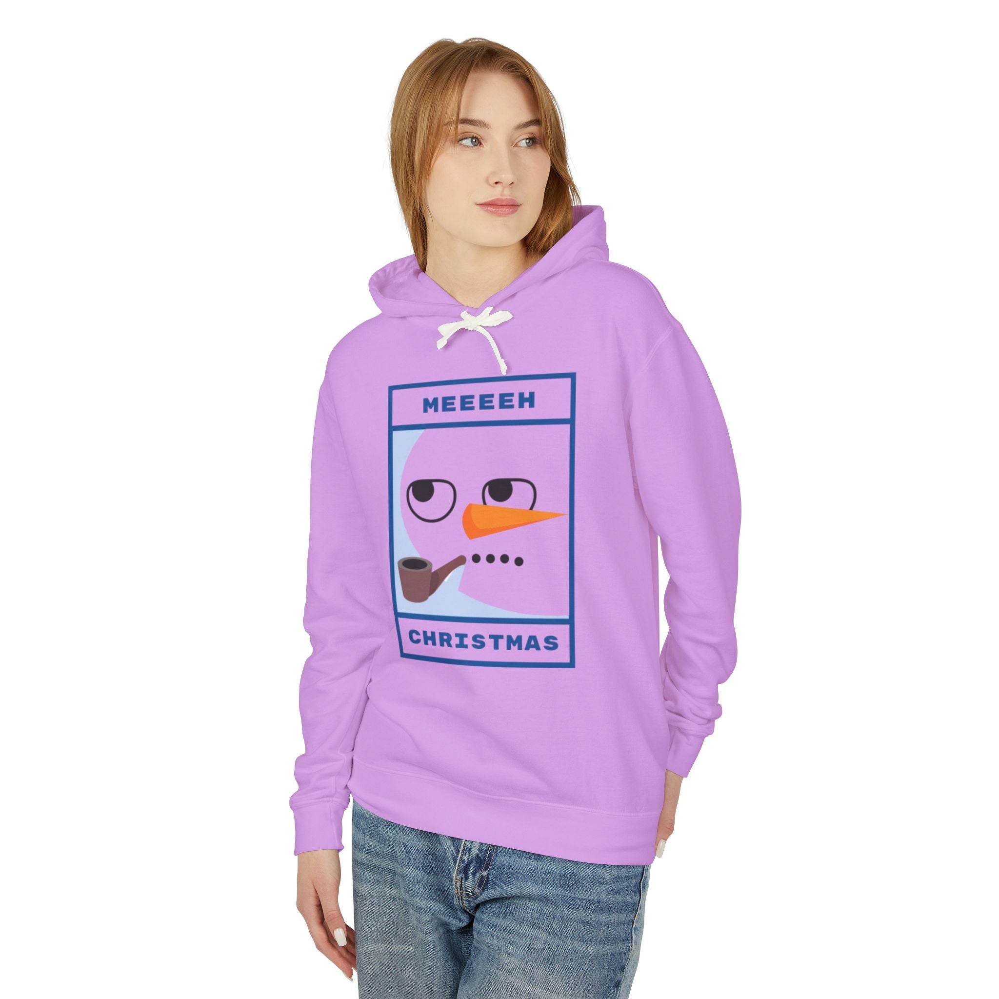 Printify lavender hoodie with goofy snowman graphic and pipe on front, model wearing eco-friendly ugly Christmas hoodie