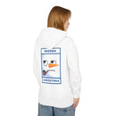 Printify white hoodie back view with snowman graphic smoking a pipe and MEEEEEH CHRISTMAS text eco-friendly ugly Christmas hoodie