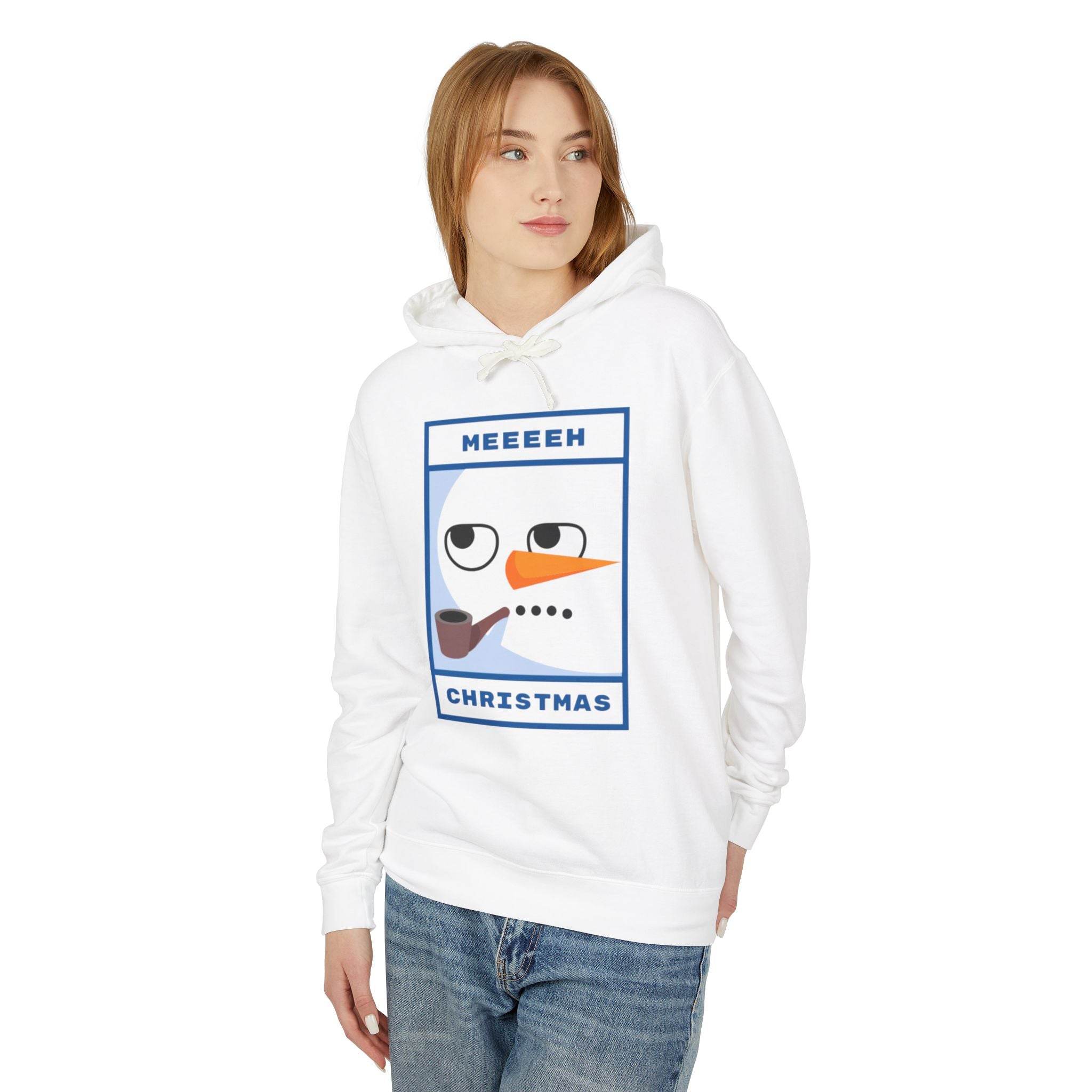 Printify white hoodie with cartoon snowman pipe graphic worn by woman eco-friendly ugly Christmas hoodie