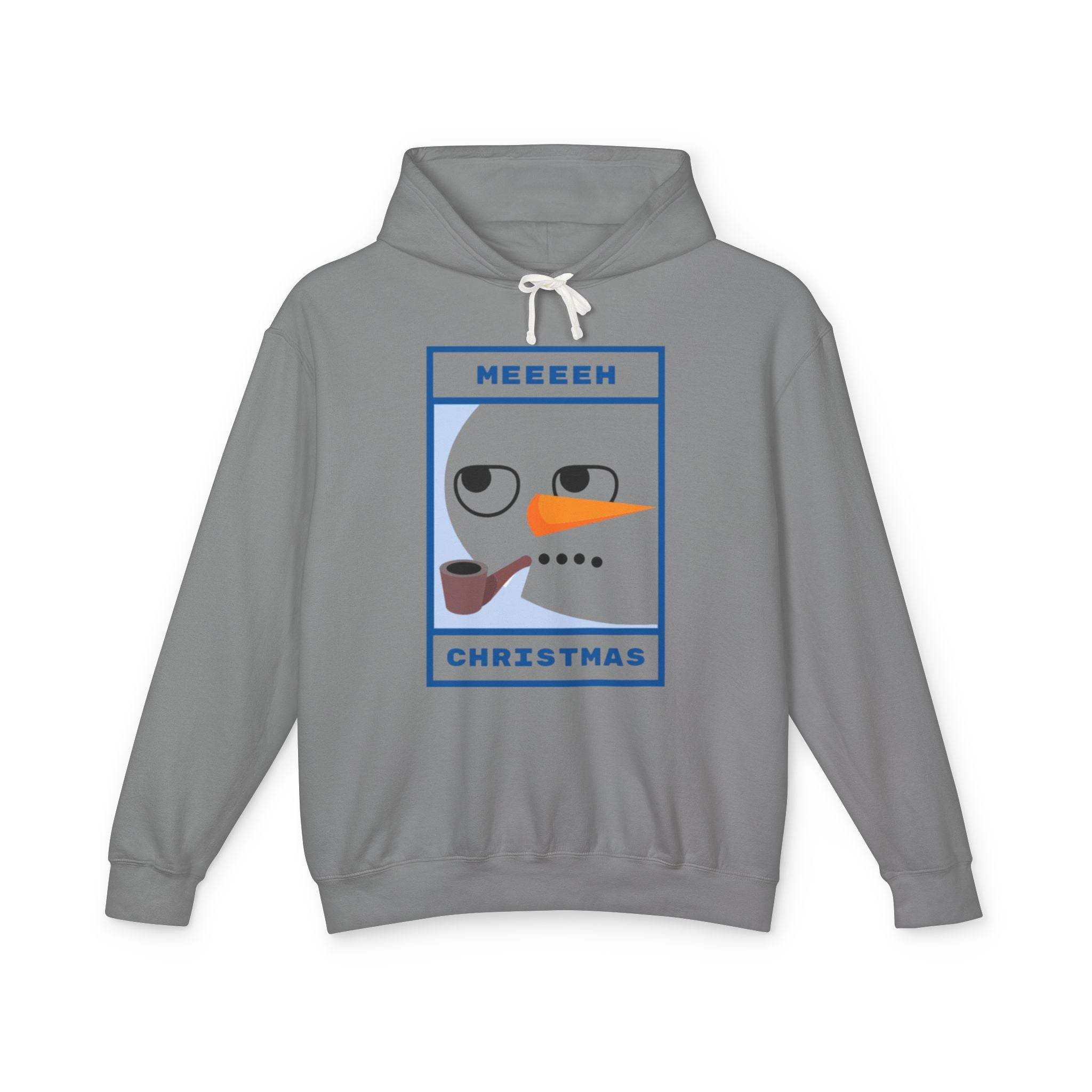 Gray hoodie with grumpy snowman graphic pipe and MEEEEEH CHRISTMAS text eco-friendly ugly Christmas hoodie for holiday wear