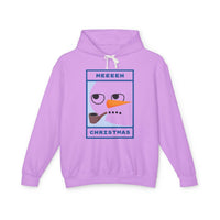Printify lavender hoodie with minimalist snowman face and pipe MEEEEH CHRISTMAS print eco-friendly ugly Christmas hoodie