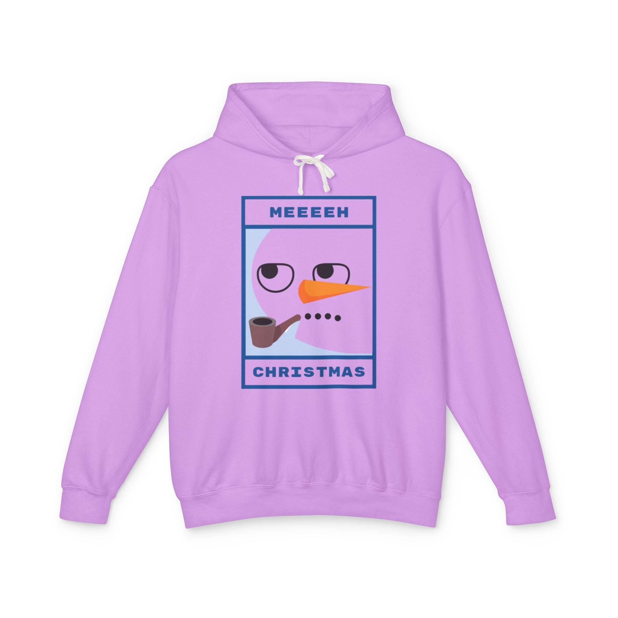 Printify lavender hoodie with minimalist snowman face and pipe MEEEEH CHRISTMAS print eco-friendly ugly Christmas hoodie