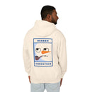 Printify eco-friendly ugly Christmas hoodie cream back view showing bored snowman with pipe graphic