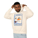 Man modeling Printify eco-friendly ugly Christmas hoodie cream pullover with smoking snowman graphic