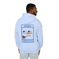 Printify light blue hoodie on model showing back print cartoon snowman with pipe and text, eco-friendly ugly Christmas hoodie