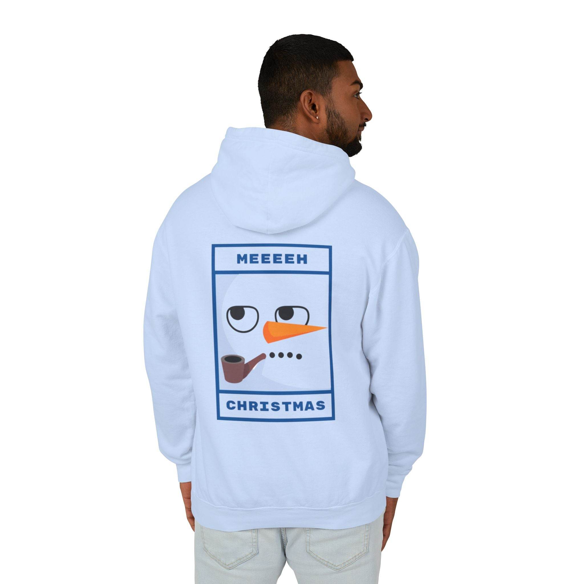 Printify light blue hoodie on model showing back print cartoon snowman with pipe and text, eco-friendly ugly Christmas hoodie