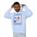 Printify model wearing eco-friendly ugly Christmas hoodie white with humorous snowman face and pipe design