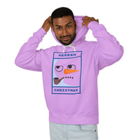Man wearing Printify eco-friendly ugly Christmas hoodie in pastel pink with humorous snowman and pipe