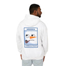 Printify white eco-friendly ugly Christmas hoodie featuring unimpressed snowman back print with pipe