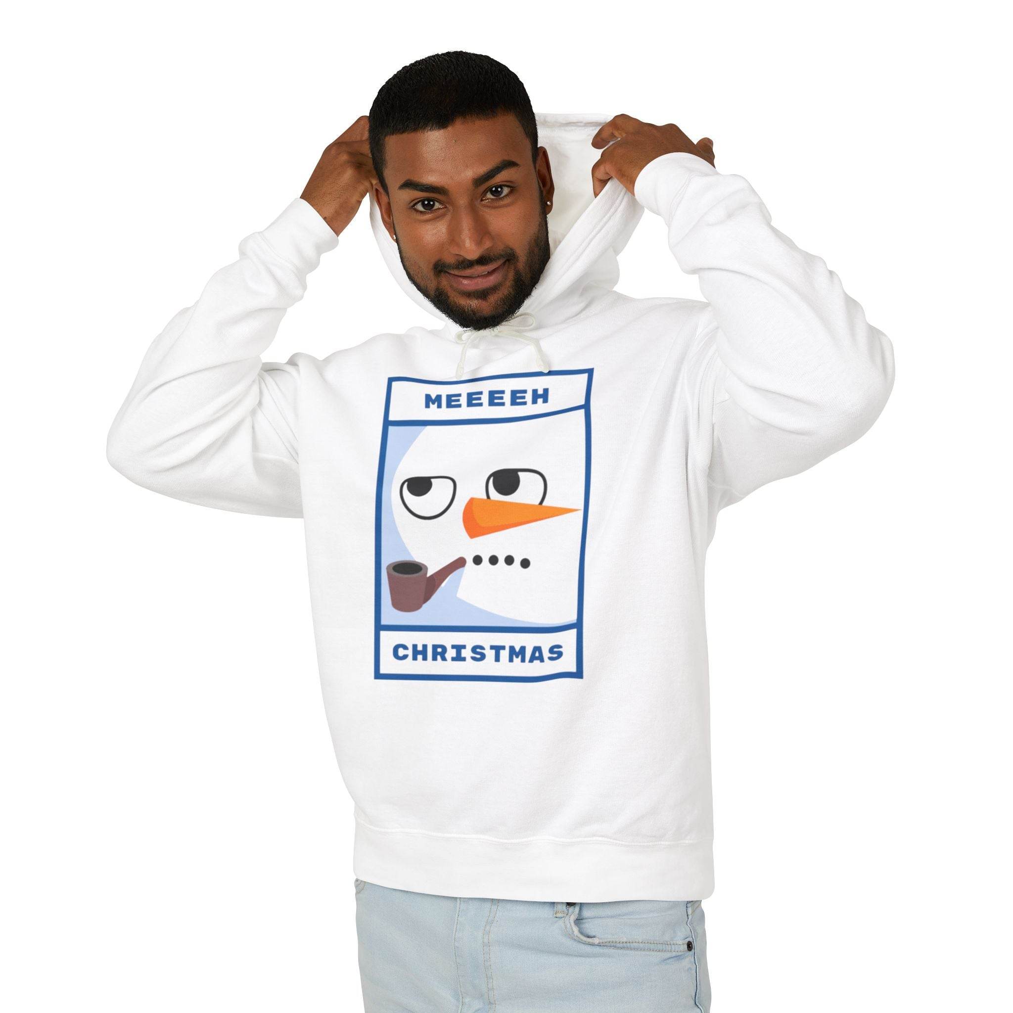 Printify white eco-friendly ugly Christmas hoodie with sarcastic snowman graphic and male model pulling hood