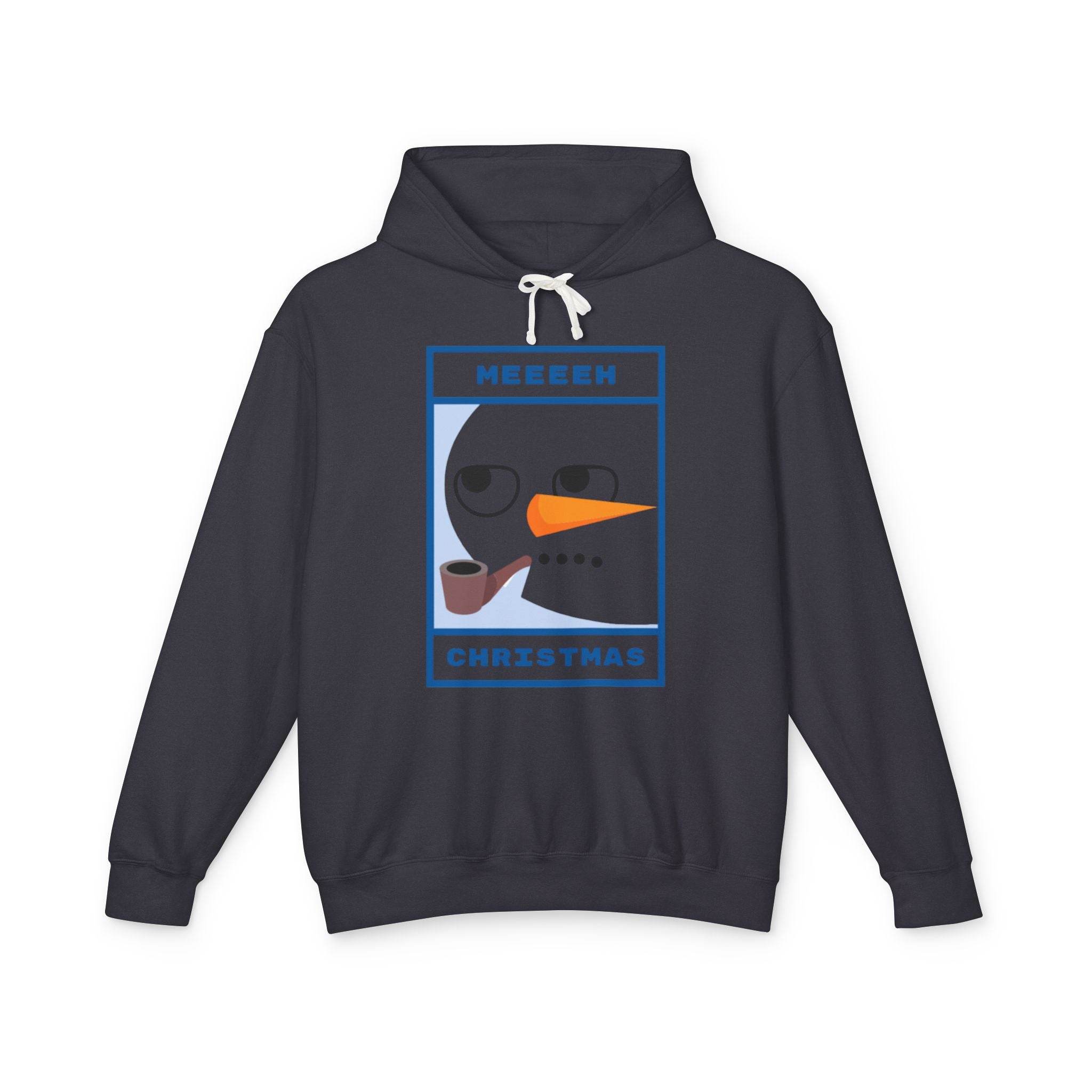 Printify eco-friendly ugly Christmas hoodie with navy snowman graphic sunglasses carrot nose and pipe