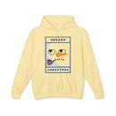 Printify pale yellow hoodie with minimalist snowman face and pipe and MEEEEEH CHRISTMAS eco-friendly ugly Christmas hoodie