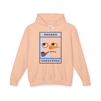 Peach Printify hoodie with minimalist snowman graphic and pipe text ideal eco-friendly ugly Christmas hoodie for holiday parties