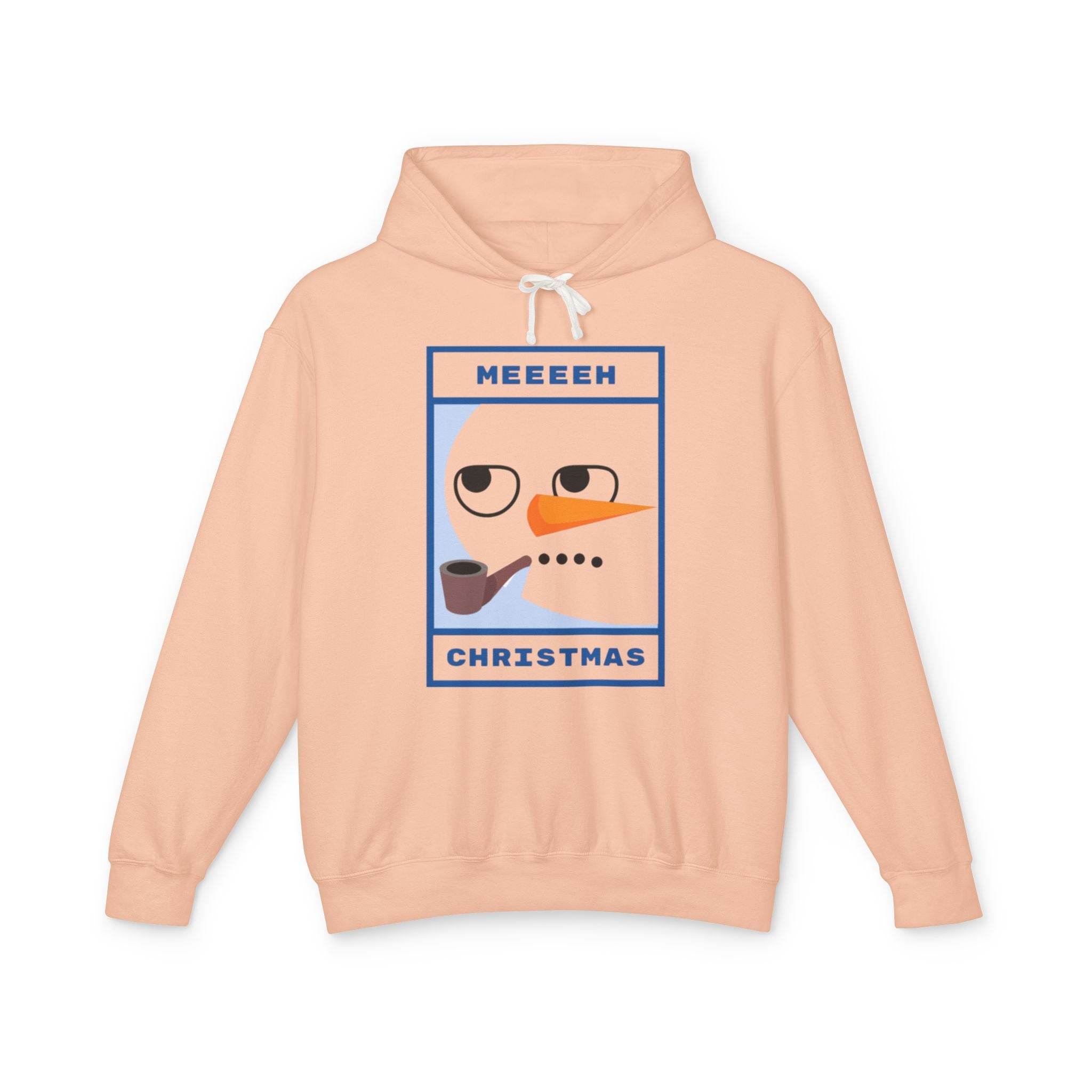 Peach Printify hoodie with minimalist snowman graphic and pipe text ideal eco-friendly ugly Christmas hoodie for holiday parties
