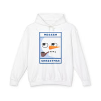 Printify white hoodie with cartoon snowman face and pipe graphic eco-friendly ugly Christmas hoodie