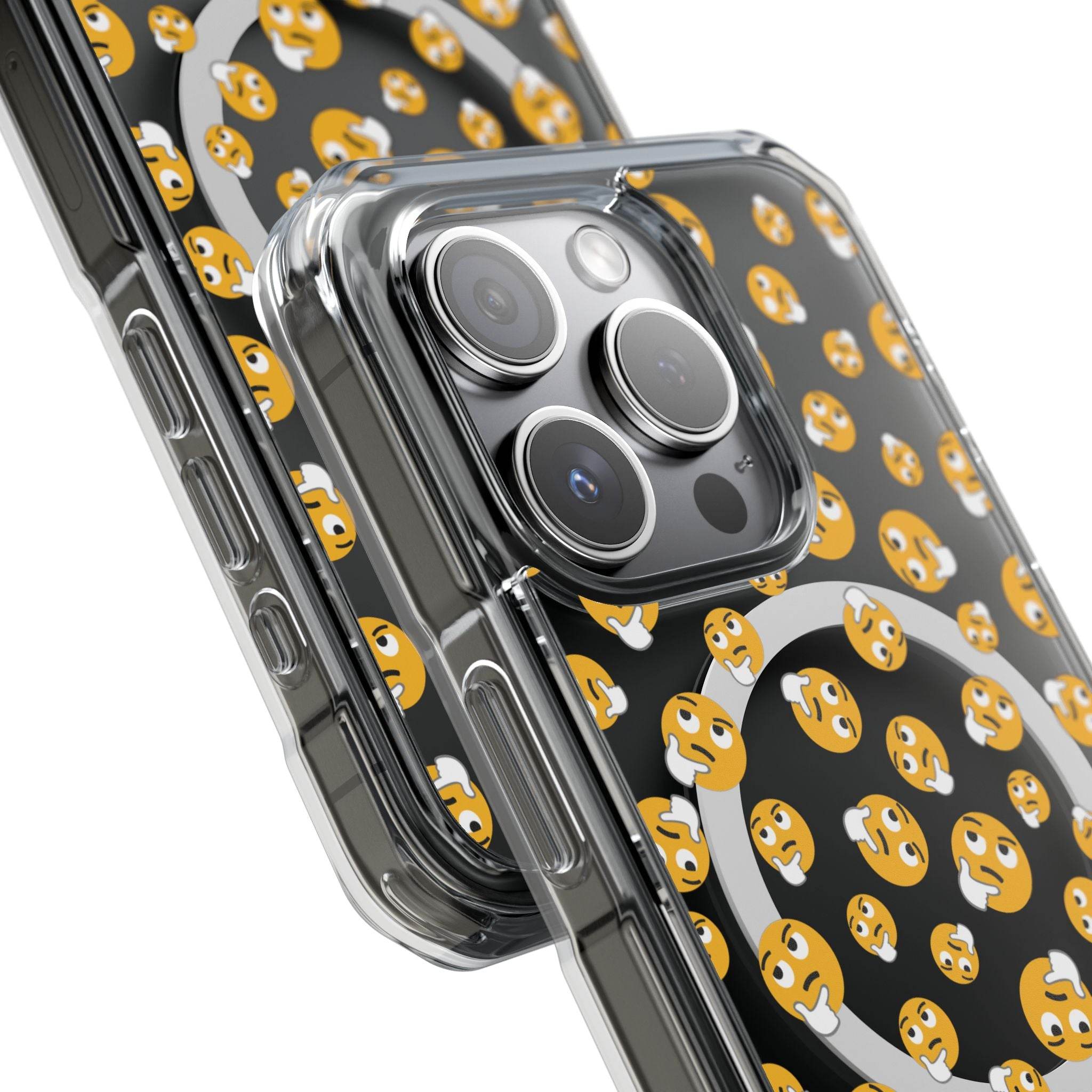 Printify eco-friendly magnetic phone case with black background and thinking face emoji design