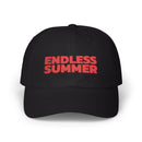 Black eco-friendly dad cap with red Endless Summer text embroidered on front by Printify