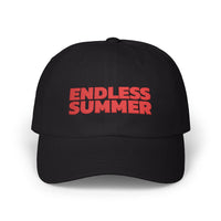 Black eco-friendly dad cap with red Endless Summer text embroidered on front by Printify