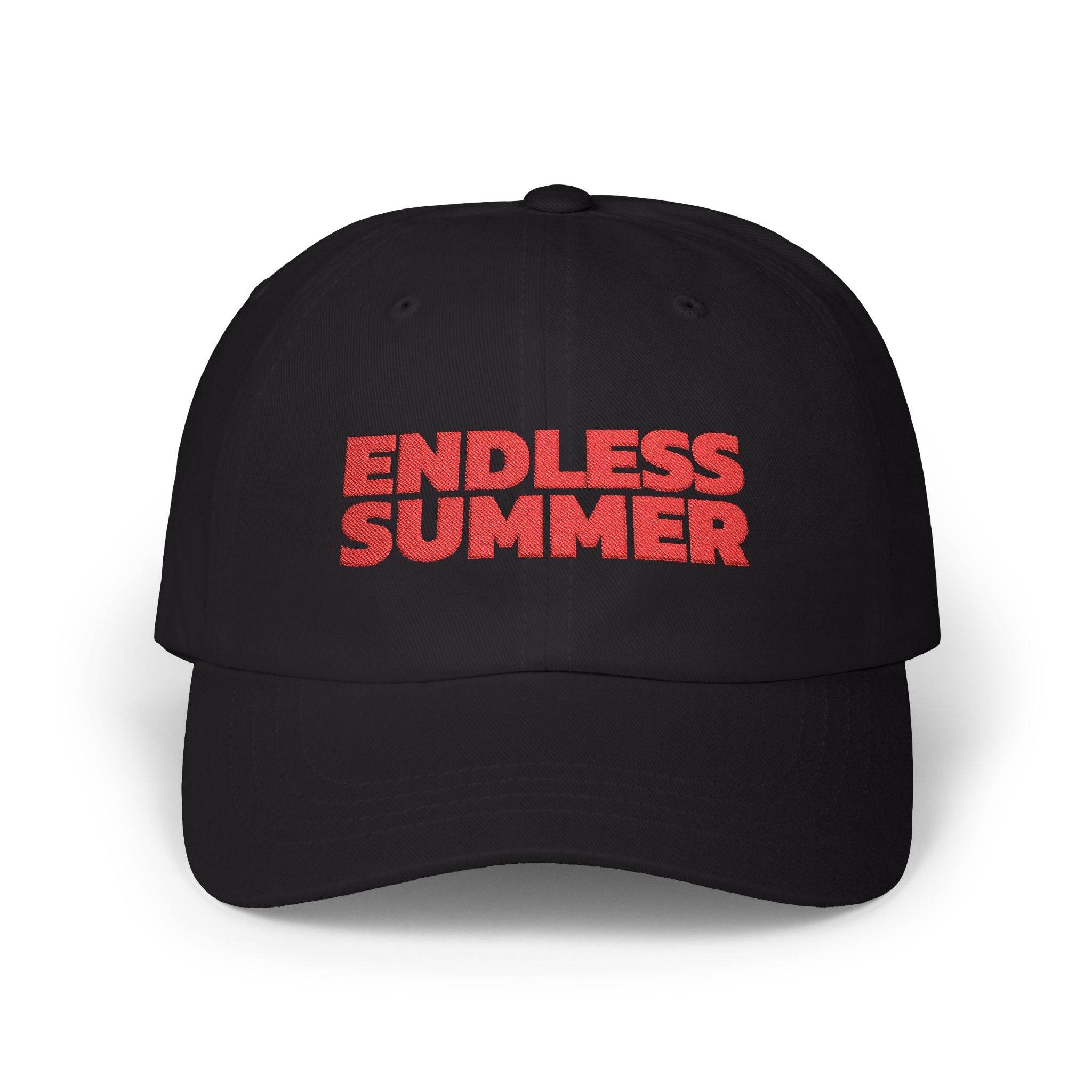 Black eco-friendly dad cap with red Endless Summer text embroidered on front by Printify