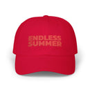 Red eco-friendly dad cap by Printify with Endless Summer embroidered text on front