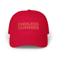Red eco-friendly dad cap by Printify with Endless Summer embroidered text on front