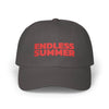 Eco-friendly dad cap by Printify with Endless Summer red text embroidery on dark fabric