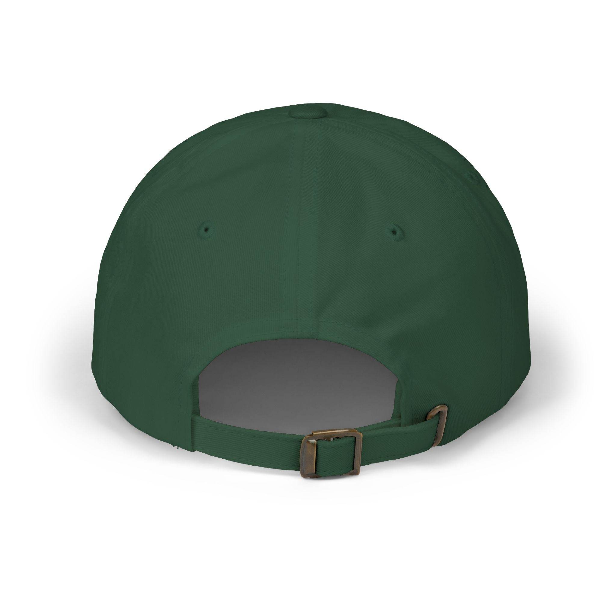 Back view of forest green eco-friendly dad cap with adjustable strap by Printify