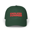 Printify eco-friendly dad cap in dark green with red Endless Summer text embroidery