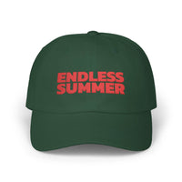 Printify eco-friendly dad cap in dark green with red Endless Summer text embroidery