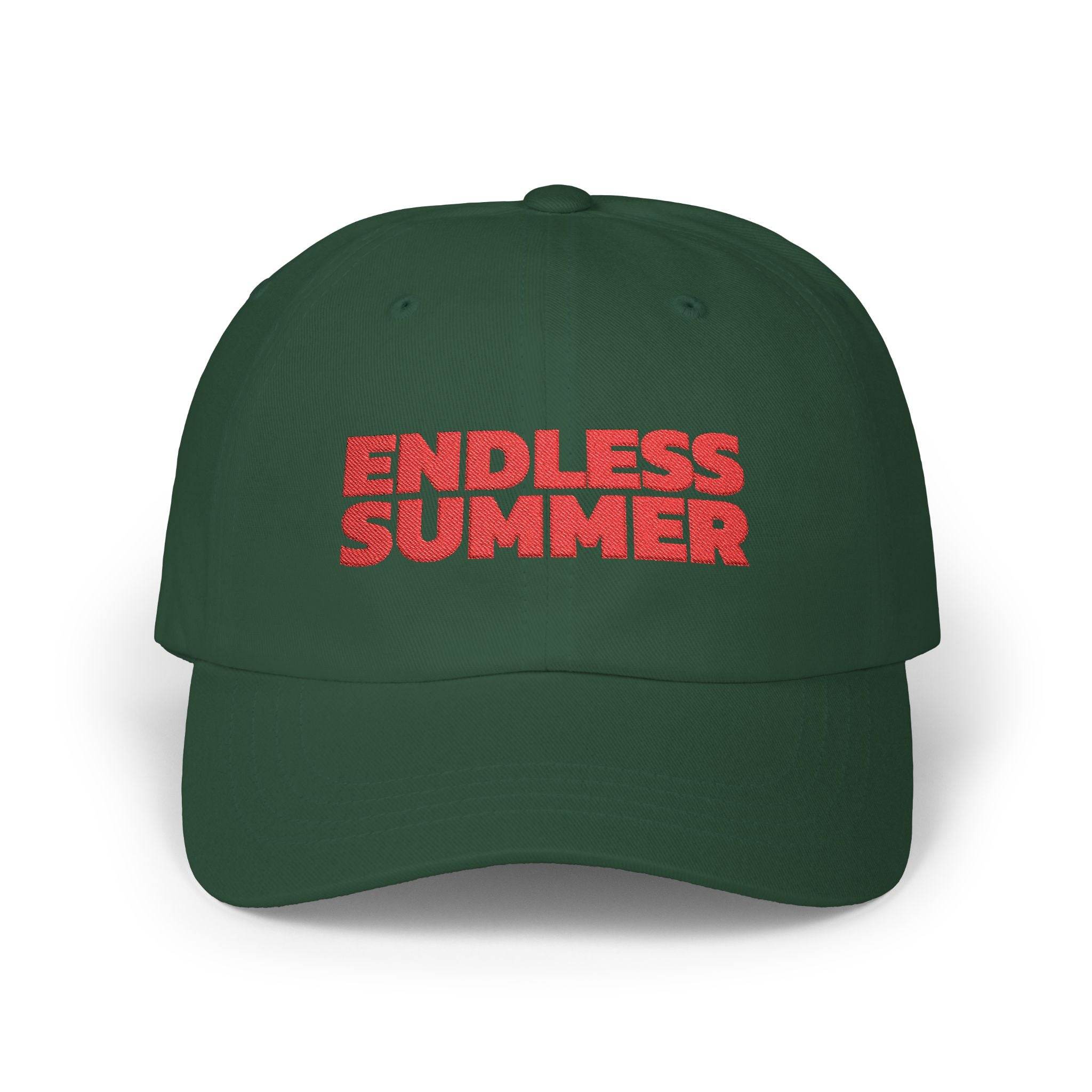 Printify eco-friendly dad cap in dark green with red Endless Summer text embroidery
