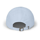 Light blue eco-friendly dad cap by Printify with adjustable strap and metal buckle shown from the back