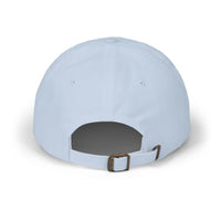 Light blue eco-friendly dad cap by Printify with adjustable strap and metal buckle shown from the back