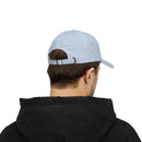Printify light blue eco-friendly dad cap shown from back on person wearing black hoodie