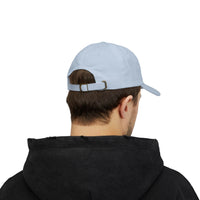 Printify light blue eco-friendly dad cap shown from back on person wearing black hoodie