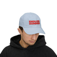 Printify eco-friendly dad cap in light blue with red Endless Summer embroidery on front