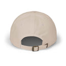 Back view of beige eco-friendly dad cap by Printify with adjustable strap and metal buckle