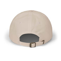 Back view of beige eco-friendly dad cap by Printify with adjustable strap and metal buckle