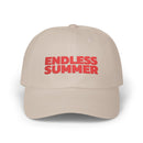 Printify beige eco-friendly dad cap with red Endless Summer text embroidery on front