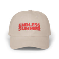 Printify beige eco-friendly dad cap with red Endless Summer text embroidery on front