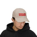 Beige eco-friendly dad cap with red Endless Summer text embroidered on front worn by man