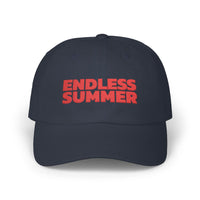 Printify eco-friendly dad cap in dark color with red Endless Summer text embroidered on front
