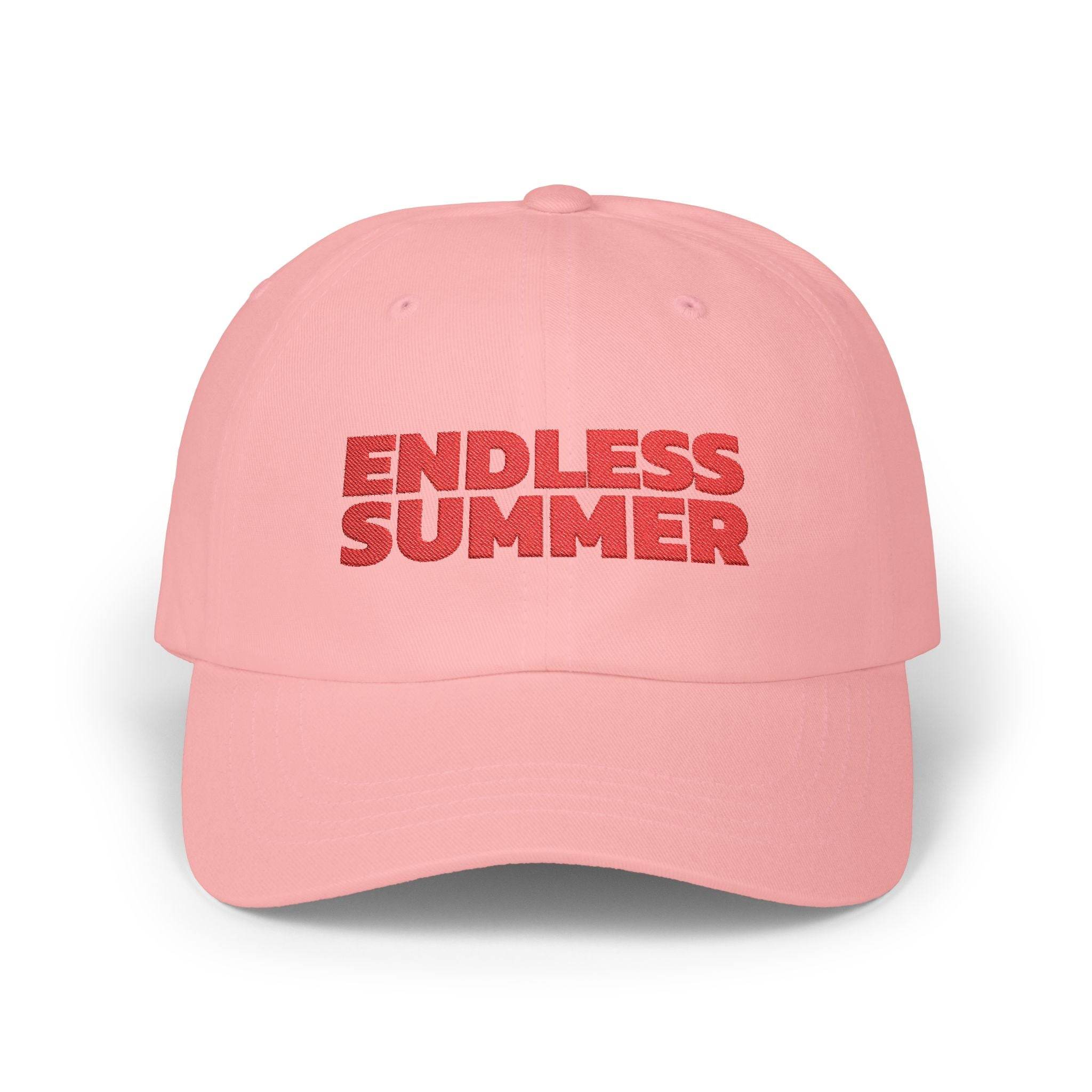 Printify pink eco-friendly dad cap with red Endless Summer embroidered text
