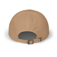 Back view of a beige eco-friendly dad cap with adjustable strap by Printify