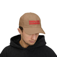 Printify eco-friendly dad cap in brown with red Endless Summer embroidery worn by man
