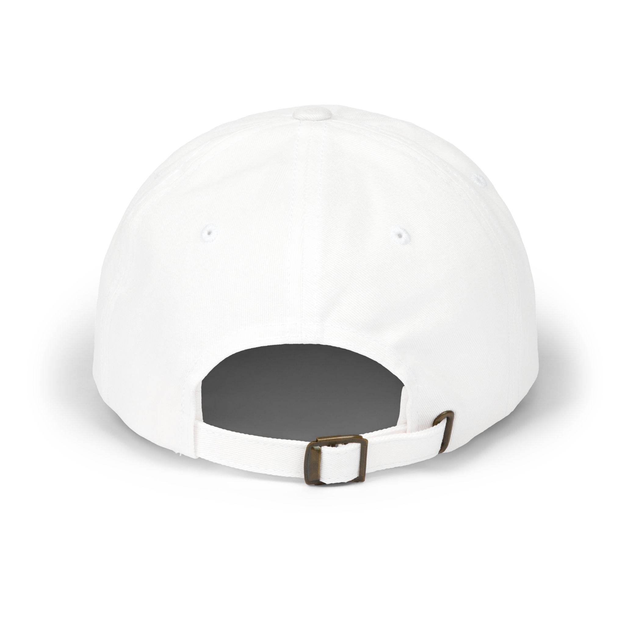 Back view of white eco-friendly dad cap with adjustable strap and metal buckle by Printify