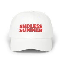White eco-friendly dad cap from Printify with red Endless Summer text embroidery