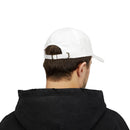 White eco-friendly dad cap by Printify worn by a man seen from the back with adjustable strap