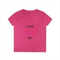 Printify pink v neck t shirt with In My Bride Era script design eco-friendly bride t-shirt for bachelorette