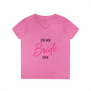 Printify pink V neck t shirt reading In My Bride Era for bachelorette parties eco-friendly bride t-shirt